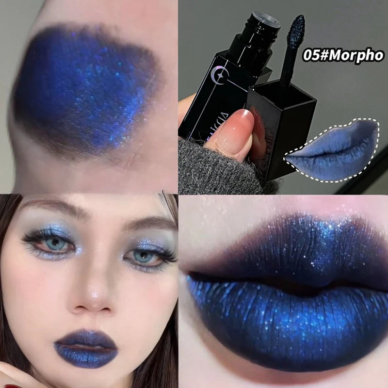 Rossetto Nero Opaco Scintillante Rosso, Lucidalabbra Punk Gotico, Trucco di Halloween, Rossetto in Mousse, Rossetto Impermeabile Anti-sbavature, Tinta Labbra