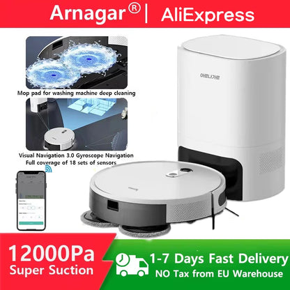 Robot Aspirapolvere e Lavapavimenti Arnagar Smart Home con Svuotamento Automatico, Controllo tramite App, 12000Pa, VSLAM, 5200mAh, Bassa Rumorosità per la Pulizia dei Tappeti