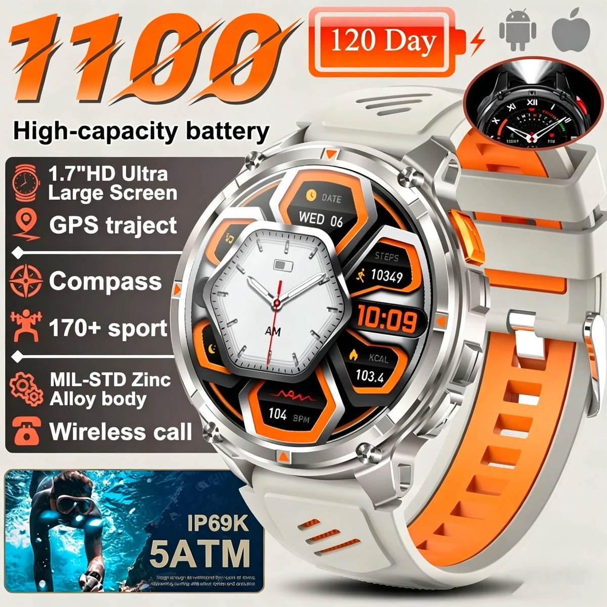 Nuovo Smartwatch T-REX3 Ultra con Batteria da 1100mAh, Impermeabile 10ATM, GPS, Bussola, Torcia, Display AMOLED HD da 1.7'', Chiamate, Orologio Sportivo Intelligente per Uomo