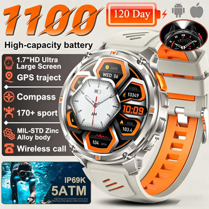 Nuovo Smartwatch T-REX3 Ultra con Batteria da 1100mAh, Impermeabile 10ATM, GPS, Bussola, Torcia, Display AMOLED HD da 1.7'', Chiamate, Orologio Sportivo Intelligente per Uomo