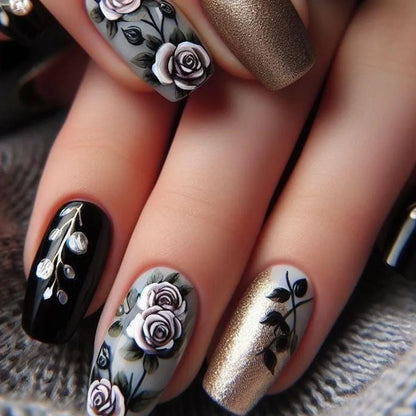 24 pezzi Stampa sulle unghie Design floreale Balletto di media lunghezza Unghie finte Moda Marrone Copertura completa Suggerimenti per manicure Set di unghie finte danneggiabili
