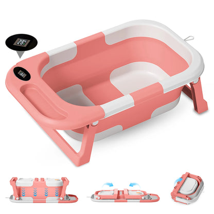 Vasca da bagno per neonati con foro di scarico, pieghevole, con cuscino morbido, portatile da viaggio, antiscivolo integrato