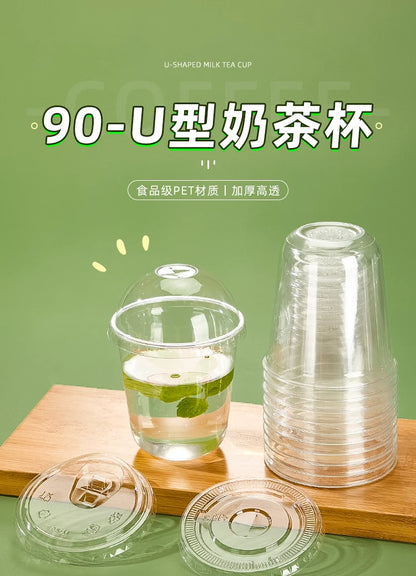 Tazza di plastica monouso per bevande fredde a forma di U, calibro 90, materiale PET, tazze da caffè trasparenti con coperchio, bicchiere da tè al latte sigillato