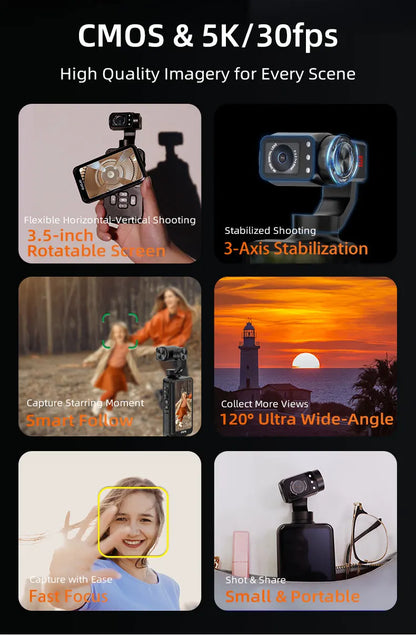Videocamera tascabile ORDRO M5 5K Action Videocamera Vlog con grande touchscreen per visione notturna IR a infrarossi con telecomando per treppiede SDcard