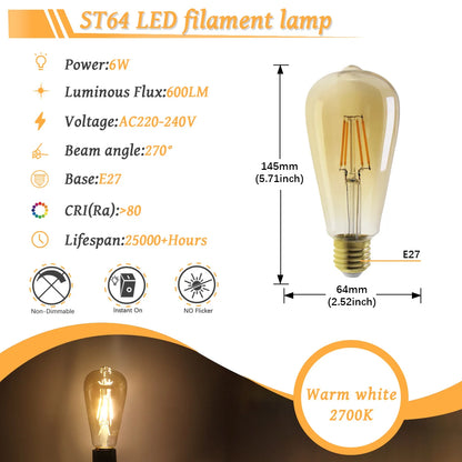 10 Lampadine LED E27 E14 B22 Stile Industriale Vintage, Retro Edison 8W 4W 6W 220V per Lampade a Filamento Incandescenti Edison