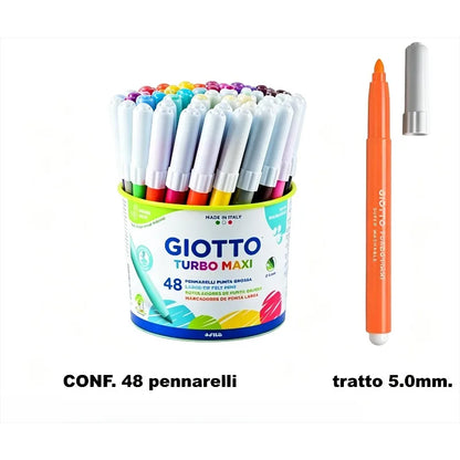 GIOTTO Set da 48 Pennarelli Lavabili con Punta in Feltro Turbo Maxi 5mm, Pennarelli Jumbo per Bambini, Scuola, Casa, Disegno, Colorazione, Set Artistico Creativo