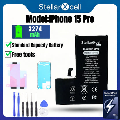 Batteria per iPhone, per iPhone 15, 15 Pro, 15 Plus, 15 Pro Max, Batteria di Capacità Standard, Batteria di Qualità Standard, Sostituzione Batteria iPhone con Strumenti Gratuiti, 0 Cicli, Mostra il 100% della Salute della B