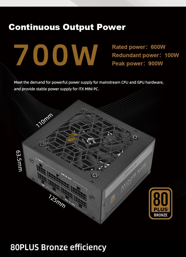 METALFISH SFX 80Plus Bronzo 500/600W PSU Nero Alimentatore Full-Modular per Mini ITX Chassis Piccolo Computer Case Ingresso 100/240V