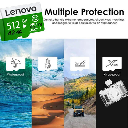 Scheda di memoria ad alta velocità Lenovo, 1 TB, 512 GB, 128 GB, scheda Micro SD TF, per archiviazione video 4K, ideale per action cam, droni e fotocamere digitali.
