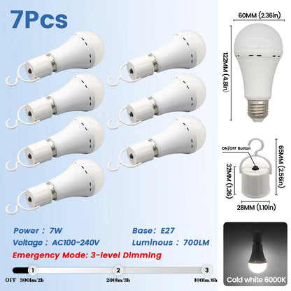 Lampadina LED ricaricabile E27 7W 1500mAh 220V 110V Lampadina di emergenza per alimentazione domestica Lampada da giardino per portico da campeggio in guasto all'aperto