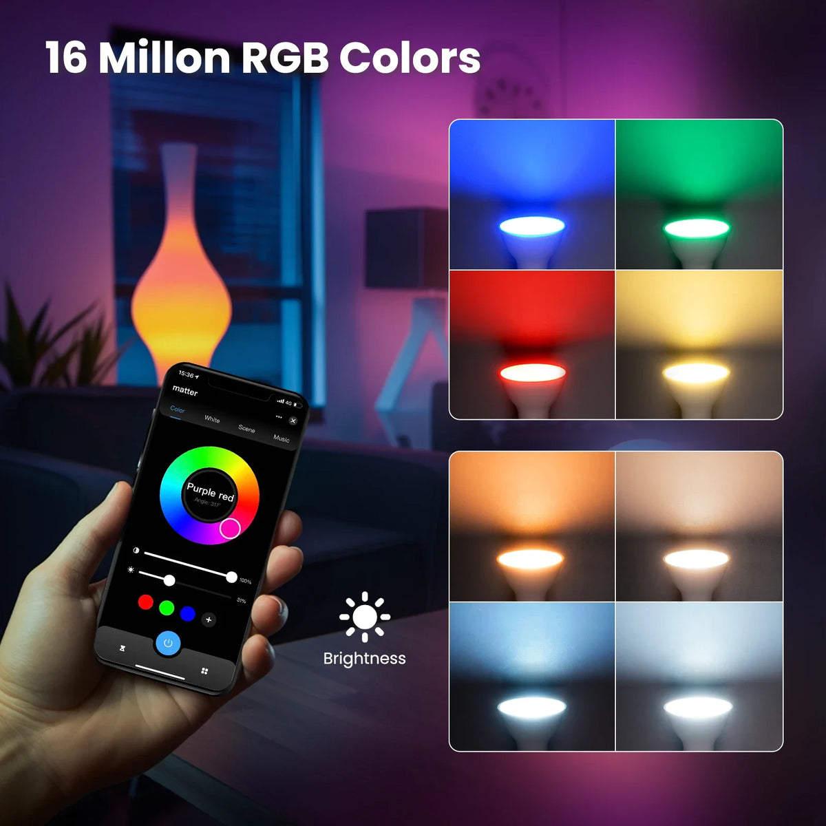 MOES Tuya Matter WiFi GU10 Lampadina intelligente Dimmerabile Luce a Led 16 milioni di colori RGB C + W Lampada a candela Controllo vocale Alexa Google Home