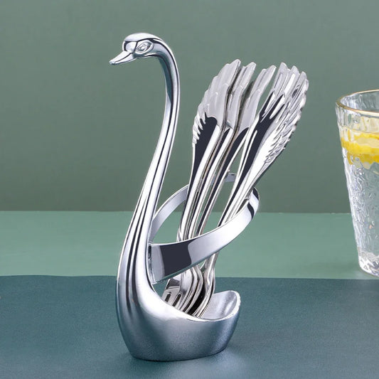 Set di forchette eleganti con base a forma di cigno, cucchiaio da caffè, dessert e insalata in acciaio inossidabile, posate per torte, stoviglie a zero sprechi, dropship