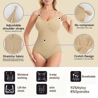 Body modellante da donna con controllo addominale, scollo all'americana, imbottito, modellante, senza schiena, copertura totale, intimo.