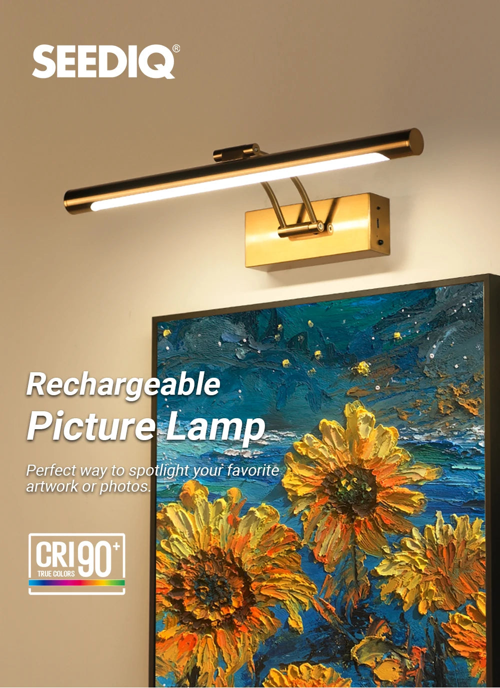 SEEDIQ Lampada da parete a LED ricaricabile in bronzo 4400mAh Batteria a lunga durata 40CM Luce per immagini wireless con telecomando per opere d'arte