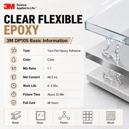 Adesivo Epossidico Trasparente Originale 3M DP105 Scotch-Weld, Colla Strutturale Flessibile a Presa Rapida per Metallo, Vetro, Plastica, 48,5ml