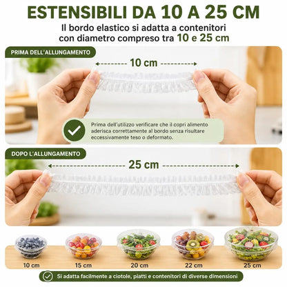 50 Cuffie Copri Alimenti Riutilizzabili con Elastico – Copri Vivande Trasparenti Estensibili 10-25 cm per Ciotole, Piatti e Contenitori, Conservazione Cibi in Casa, Frigo e Buffet
