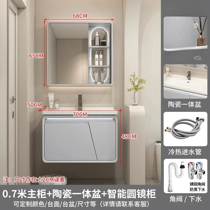 Mobile Bagno Moderno Intelligente con Lavabo Integrato in Ceramica, Armadietti in Rovere, Specchio LED e Mobiletto - Arredamento Bagno