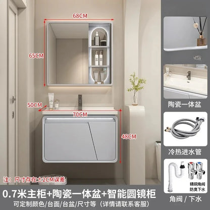 Mobile Bagno Moderno Intelligente con Lavabo Integrato in Ceramica, Armadietti in Rovere, Specchio LED e Mobiletto - Arredamento Bagno
