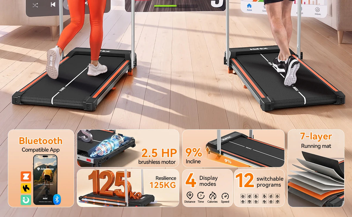 Treadmill domestico KeHot con APP Bluetooth, macchina da corsa pieghevole 1-12 Km/h, compatibile con EQISport/Zwift/Kinomap, display LED, inclinazione regolabile, capacità 125 kg, tapis roulant compatto per cardio.