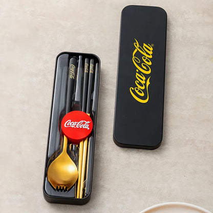 Set di posate portatili Coca Cola in acciaio inossidabile 304, forchetta e cucchiaio da viaggio con custodia per campeggio, picnic, cucina all'aperto, idea regalo