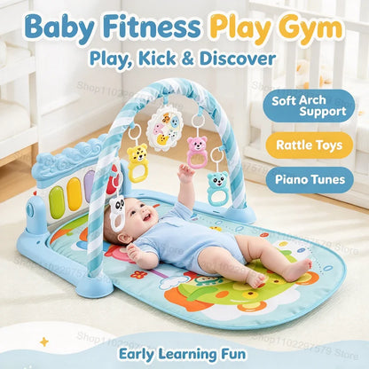 Giochi da palestra per neonati 3 in 1 con pianoforte, tappetino per attività e fitness, giocattoli sospesi, suono musicale, tappetino morbido per gattonare, per neonati e bambini 0-36 mesi