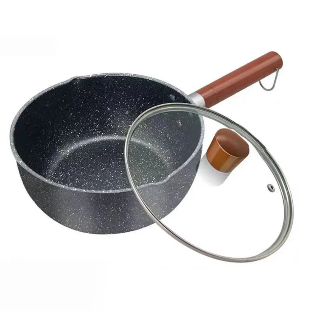 Pentola per il latte antiaderente Manico in legno Pentola per zuppa universale in stile giapponese con coperchio e beccuccio versatore Pentola per alimenti per bambini