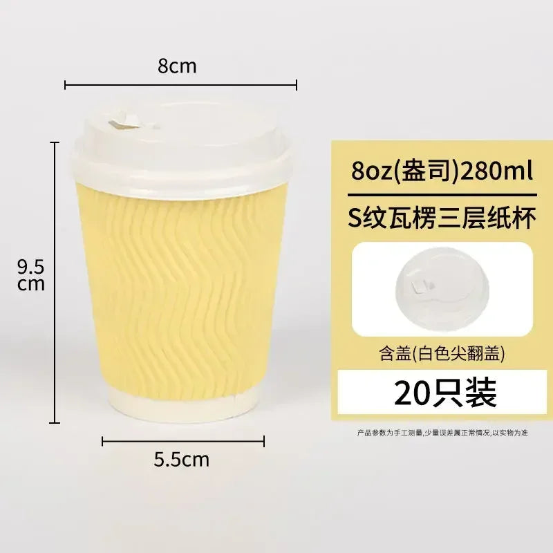 20 set di bicchieri di carta usa e getta colorati, onde di carta ondulata, antiscottatura, tazze da tè al latte, tazze da caffè confezionate da asporto con coperchio