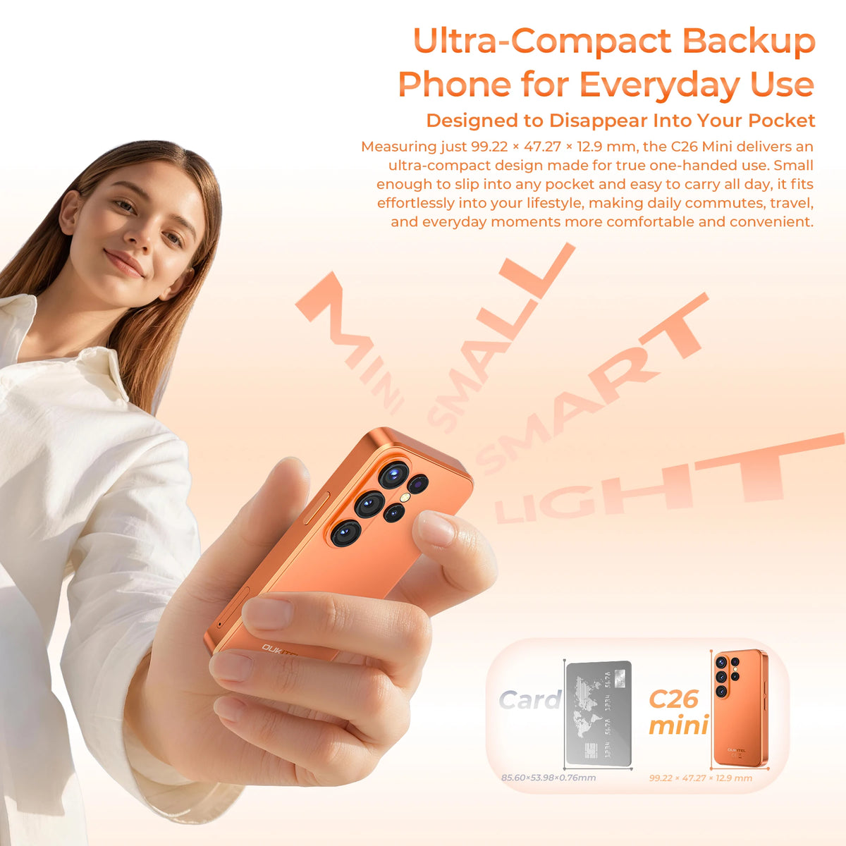 OUKITEL C26, smartphone mini, display ultra compatto da 4 pollici, fino a 12 GB di RAM (3+9) + 32 GB di ROM, batteria da 2300 mAh, Android 16, Gemini AI, piccolo telefono cellulare da tasca, leggero e sempre connesso.