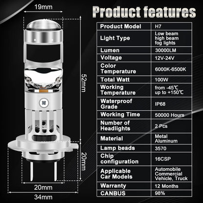 XSTORM H7 Lente per proiettore a LED 100W 30000LM doppia lente H7 Faro Canbus Auto H4 Lampadine a LED Turbo Lampada Luci per moto ﻿