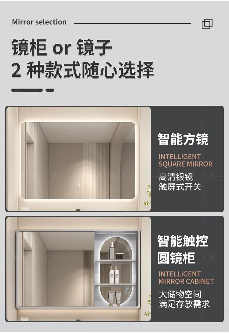 Mobile Bagno Moderno Intelligente con Lavabo Integrato in Ceramica, Armadietti in Rovere, Specchio LED e Mobiletto - Arredamento Bagno