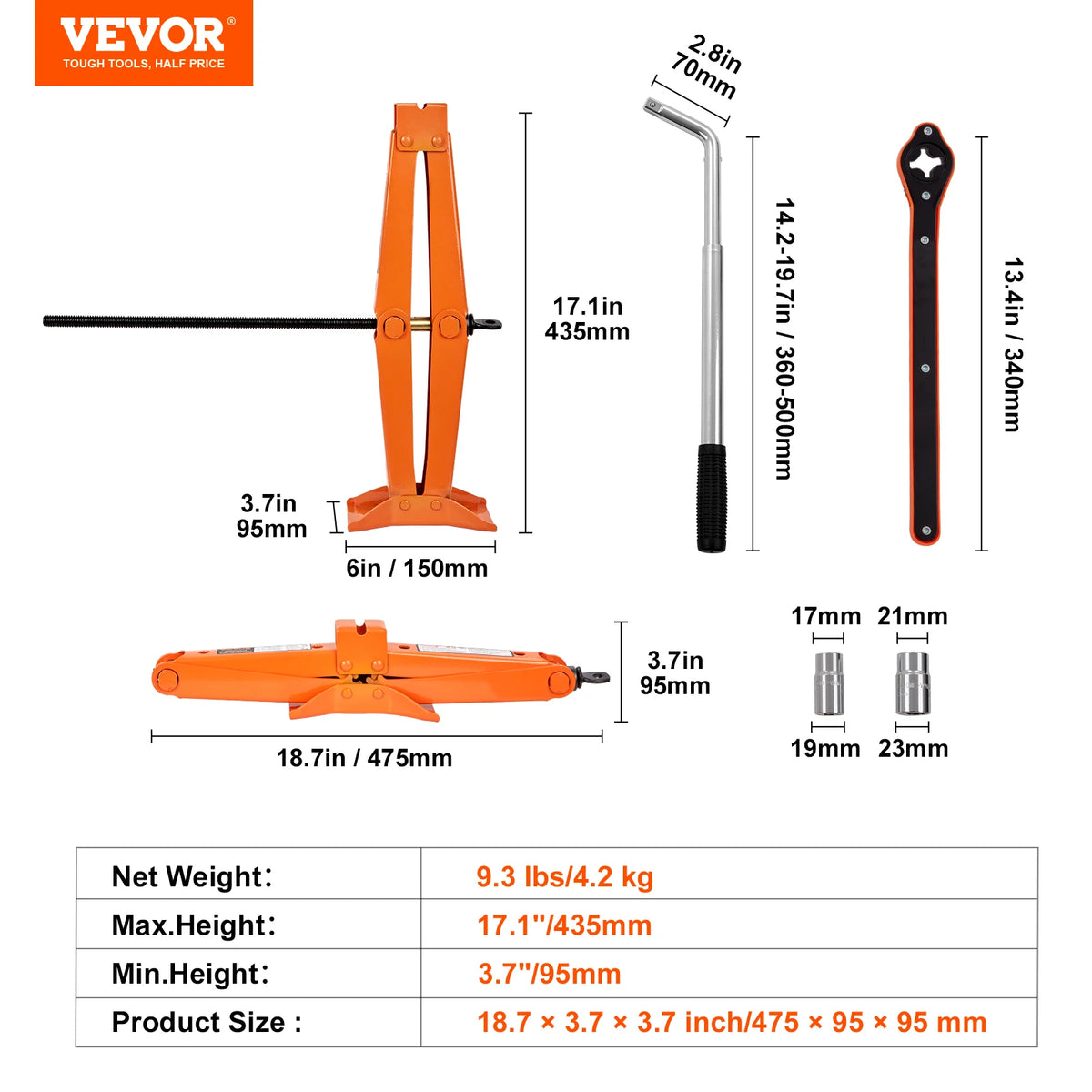 SucceBuy Scissor Jack 2.5 Ton Scissor Car Jack 3.7 "-17.1" Gamma di sollevamento Scissor Lift Jack Portatile Pneumatico per Auto Camion SUV