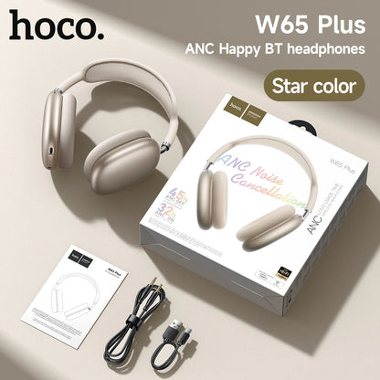 Cuffie Bluetooth HOCO W65 Plus con cancellazione del rumore ANC, auricolari wireless over-ear, suono Hi-Fi, cuffie sportive con pulsante.