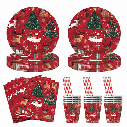 Set di stoviglie per feste a tema natalizio, con decorazioni a tema renna e albero, piatti, bicchieri e tovaglioli di carta usa e getta, articoli per le feste di Capodanno.