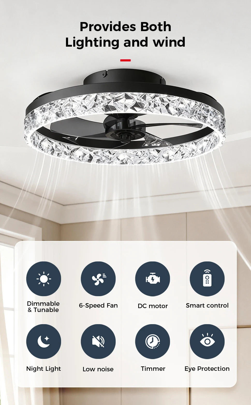 Ventilatore da Soffitto Intelligente con Lampada, Controllo Remoto e App, 6 Livelli di Vento, Dimmerabile, Nero Bianco 50CM, Ventilatore per Raffreddamento Domestico