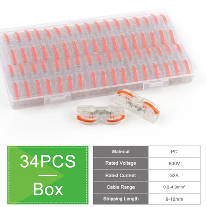 34PCS Leva in scatola Connettori rapidi per cavi domestici Terminali Conduttore Giuntabile Blocco di cablaggio di testa Connettori elettrici riutilizzabili