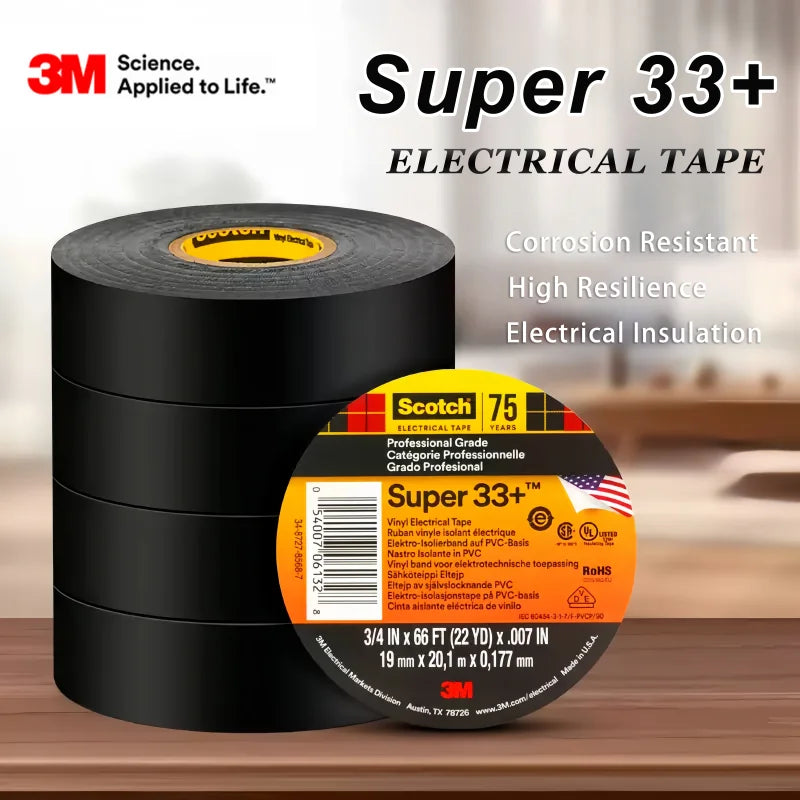 Nastro isolante elettrico in vinile 3M Scotch Super 33+ originale, 19 mm x 20,1 m, 7 mil, nero, in PVC, per giunzioni di cavi e fili.