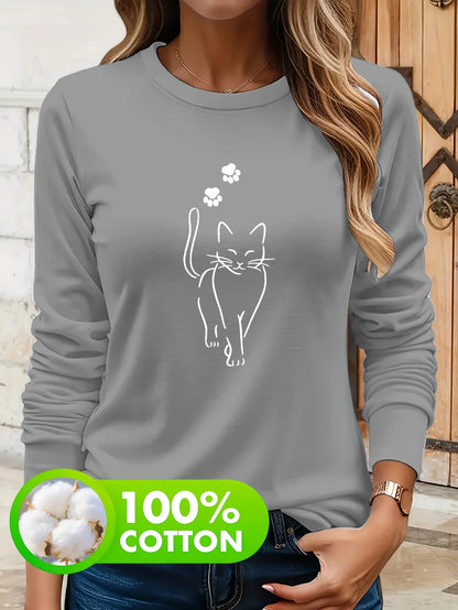 T-shirt da donna in 100% puro cotone, ideale per la primavera e l'autunno, comoda, casual, alla moda, con maniche lunghe, stampa grafica a tema felino e scollo rotondo.
