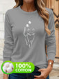 T-shirt da donna in 100% puro cotone, ideale per la primavera e l'autunno, comoda, casual, alla moda, con maniche lunghe, stampa grafica a tema felino e scollo rotondo.