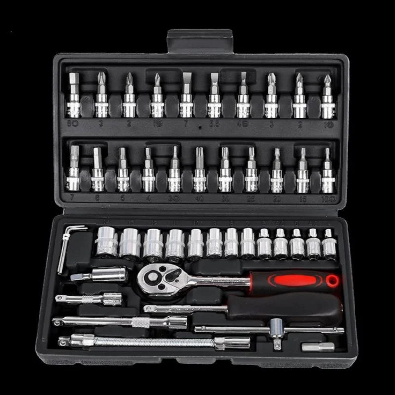 1 Set di 46 Pezzi per Riparazione Auto, Cassetta degli Attrezzi con Chiave a Cricchetto, Kit di Riparazione con Bussole per Manutenzione Auto, Kit di Ferramenta, Kit Multifunzionale per Riparazione Auto