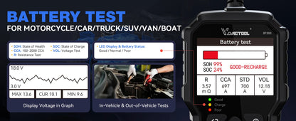 VDIAGTOOL BT300 Tester per Batterie Auto 6-12V, 5-3000 CCA per Analizzatore Batterie Auto, Camion, Moto con Test di Carica, Test di Avviamento, Test di Tensione SOH SOC, Strumento per Test del Sistema di Ricarica e Avviamento
