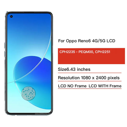Display AMOLED da 6,43 pollici per OPPO Reno6 4G LCD CPH2235, pannello touch screen digitalizzatore per Oppo Reno 6 5G PEQM00, LCD CPH2251