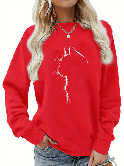 Maglione da donna, ideale per l’autunno e l’inverno, dal taglio ampio e confortevole, con stampa a motivi felini, scollo rotondo e maniche lunghe.