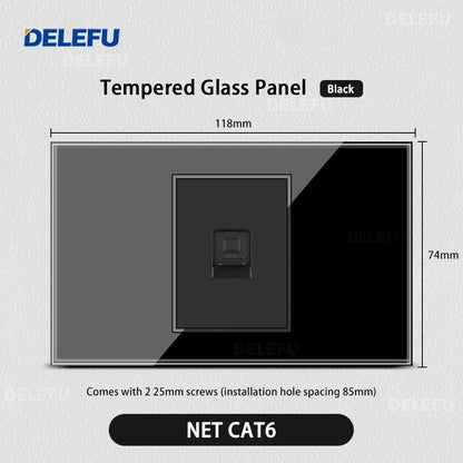 DELEFU Presa a Muro in Vetro Temperato Nero con USB Type-C per Ricarica Rapida, Interruttore Schuko, TV Sat, Telefono, Campanello, Italia/Cile