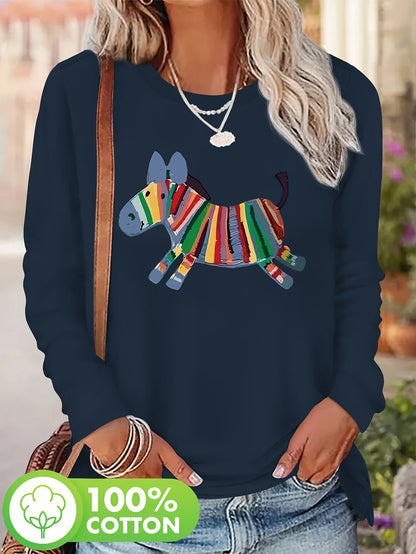 T-shirt girocollo stampata con motivo Torre Eiffel Parigi a maniche lunghe comoda moda primavera e autunno 100% cotone da donna