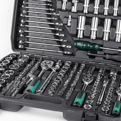 Set di 216 utensili meccanici, kit chiavi a bussola con attacco da 1/4, 3/8, 1/2, chiave a cricchetto, cacciavite, punte, utensili manuali in acciaio al cromo-vanadio, chiave a cricchetto combinata per la riparazione di auto