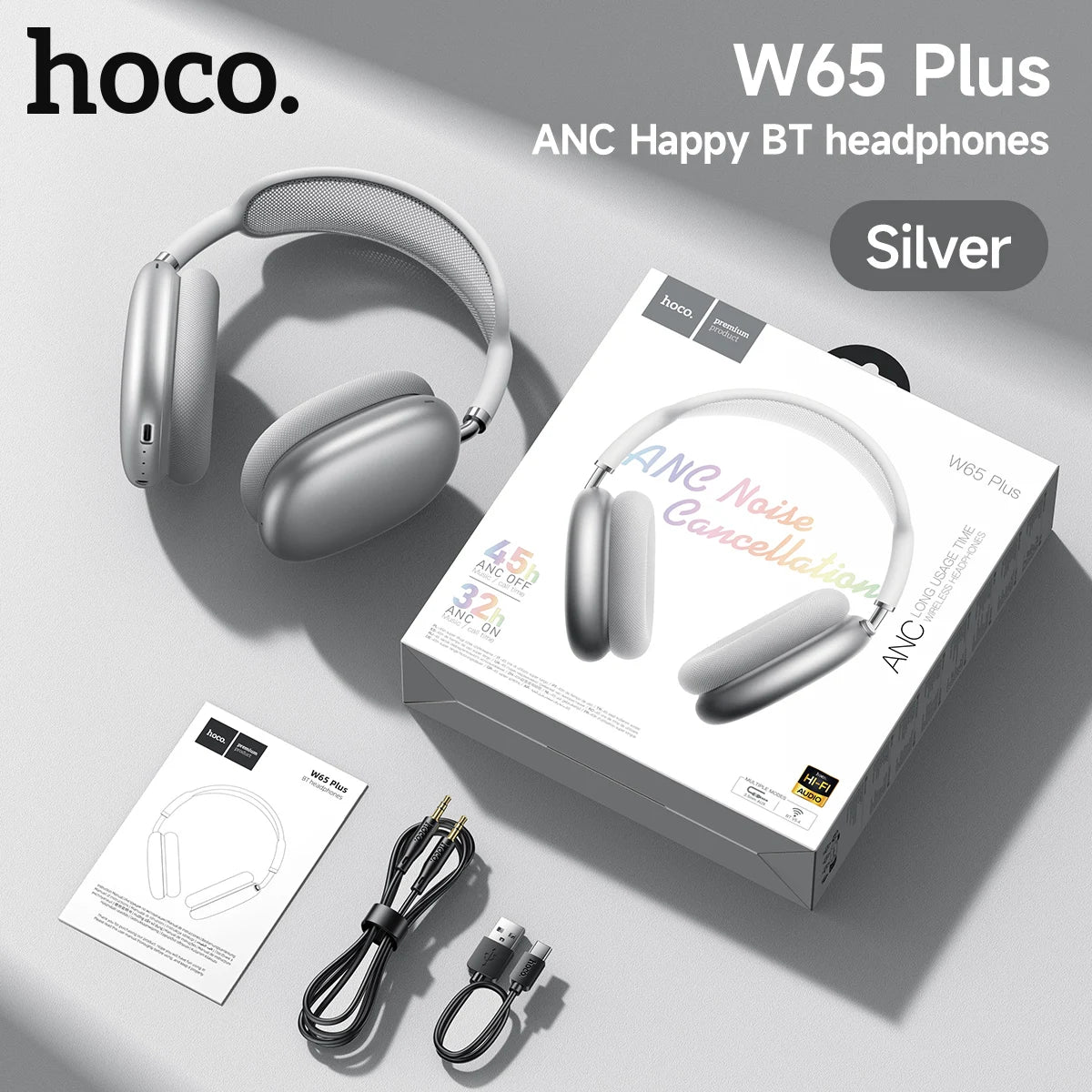 Cuffie Bluetooth HOCO W65 Plus con cancellazione del rumore ANC, auricolari wireless over-ear, suono Hi-Fi, cuffie sportive con pulsante.