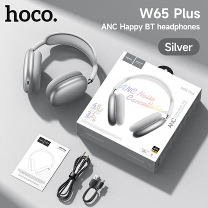 Cuffie Bluetooth HOCO W65 Plus con cancellazione del rumore ANC, auricolari wireless over-ear, suono Hi-Fi, cuffie sportive con pulsante.