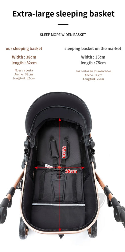Passeggino 3 in 1 Facile da piegare Telaio in alluminio ad alto paesaggio Passeggino neonato con ruota in gomma per assorbimento degli urti a quattro ruote