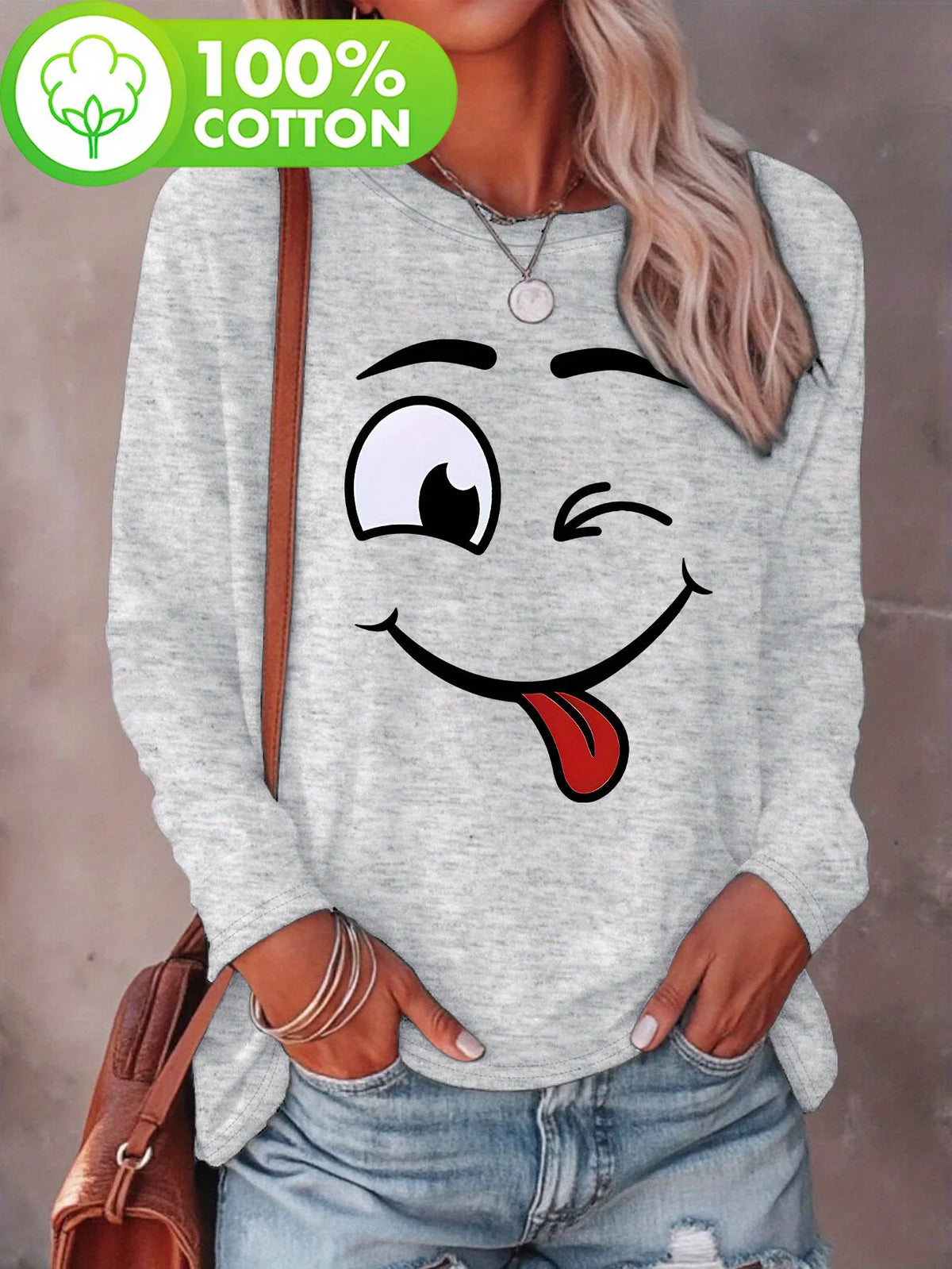 T-shirt da donna in 100% puro cotone, ideale per la primavera e l'autunno, comoda, casual, alla moda, con maniche lunghe, stampa grafica a tema felino e scollo rotondo.