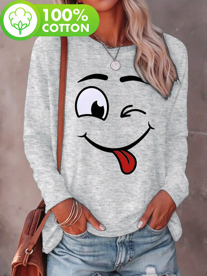 T-shirt da donna in 100% puro cotone, ideale per la primavera e l'autunno, comoda, casual, alla moda, con maniche lunghe, stampa grafica a tema felino e scollo rotondo.